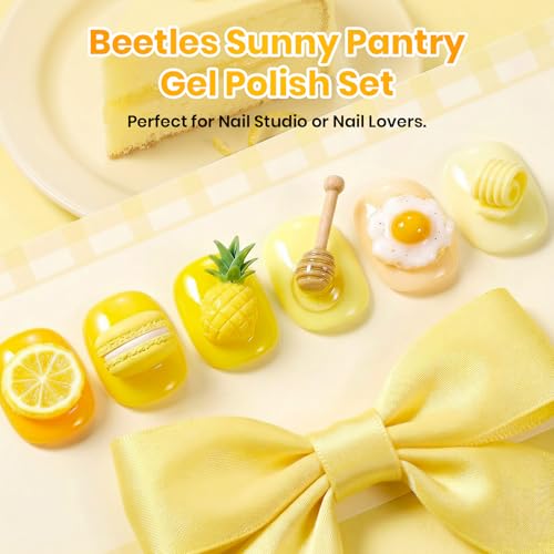 Image of Beetles Yellow Gel Polish Set - Sunny Pantry with Color Card, 6Colors HEMA-Free Yellow Gel Nail Polish Set 15ML Full Size, Long-Lasting Soak Off UV Lamp Summer Summer Nails Art