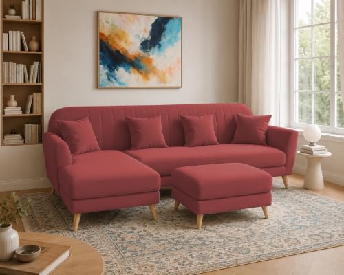 Image of Atticus LHS 6 Seater L Shape Sofa Set with Ottoman Living Room (Maroon Colour Fabric) Premium Fabric Sofa Set for Living Room