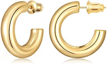 Gacimy Chunky Hoop Earrings for Women 14K Gold Plated, 925 Sterling Silver Post Hoops for Women, 22mm Yellow Color Small Earrings