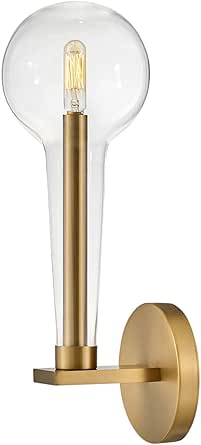 Hinkley Alchemy Medium Single Light Wall Sconce, Tapered Globe, Extended Candle Sleeve, T6 or T8 Bulbs Only, Lacquered Brass Finish w/Clear Glass