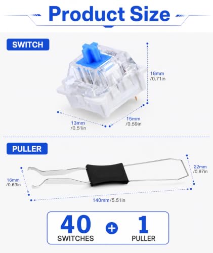 Image of 40PCS Keyboard Switches, Blue Mechanical Switches with Key Puller, Compatible with Gaming and Office Keyboards, Tactile Clicky 3-Pin Design for Typing and PC Builds