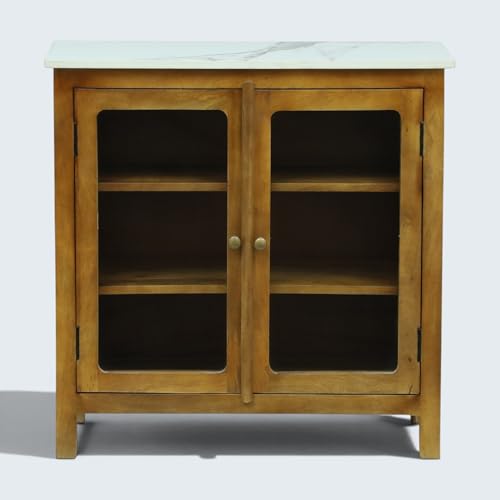 Image of Solid Wood Madrid Crockery Cabinet (S) | Display Cabinet with Sintered Stone Top | Finish- Scratch Resistant Light Brown