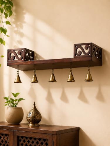 Image of Elcom Handicrafts Wooden Wall Mounted Temple Shelf with 5 Hanging Brass Bells | Decorative Pooja Shelf for Home Temple, Entrance, Living Room & Office | Dark Brown Finish