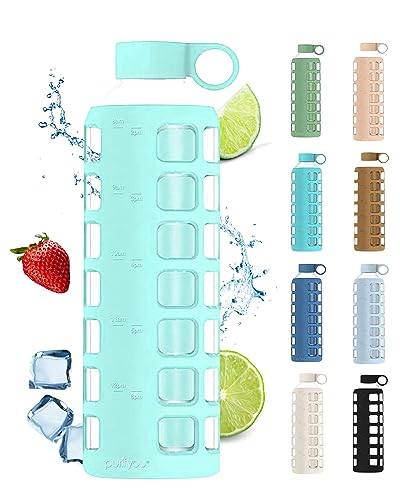 purifyou 40oz / 32oz / 22oz / 12oz Borosilicate Glass Water Bottle with Time & Volume Markers, Silicone Sleeve, Stainless Steel Lid | Reusable Glass Bottle for Water & Juice (32oz Glow-in-the-Dark)