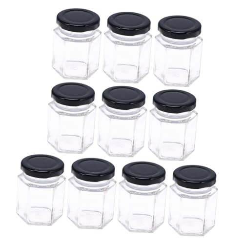 Garneck 10pcs Honey Storage Bottle Honey Container Clear Candy Jars Honey Dipper Jar Clear Jam Pot Nut Container Jelly Jar Honey Jar with Dipper Canning Bottle Mini Hexagon Spell Jar Black