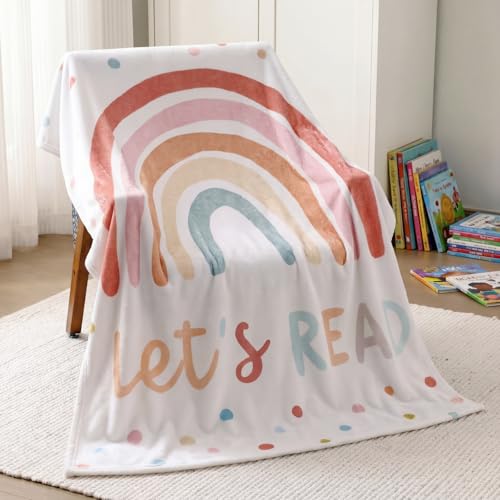 Buryeah 50'' x 60'' Rainbow Read Throw Blanket Classroom Reading Corner Decor Blanket Boho Let's Read Back to School Decor for School Reading Corner Supplies Playroom Bedroom Library