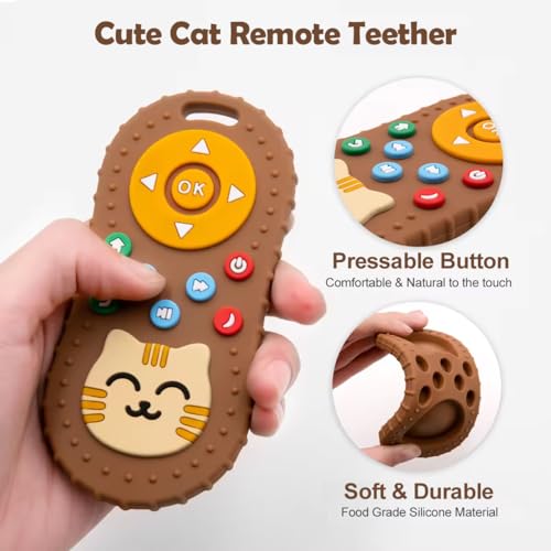 Image of tekme Infant Cute Cat Silicone Baby Teether-Cat Remote Control Shape Food Grade Teething Toy For Babies-Sensory Teething Toy (Brown)