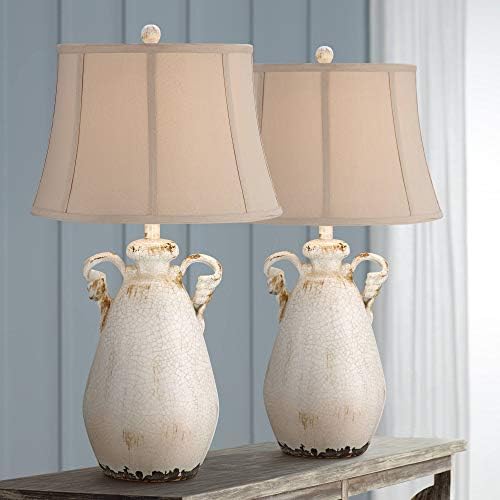 Regency Hill Isabella Rustic Country Cottage Table Lamps Set of 2 29" Tall Crackled Ivory Glaze Ceramic Handles Jar Beige Bell Shade for Bedroom Living Room House Bedside Nightstand Office