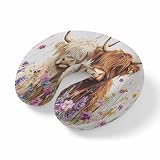 ZRNLTDGHK Neck Pillow Farm Highland Cows Travel Pillow Memory Foam U Shaped Pillows, Retro Lavender Cream Wood Board Travel Neck Pillows for Airplane Car Office Home Sleeping Rest