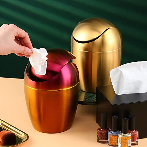 Image of Mini Desktop Trash Can with Swing Lid 18 /10 Stainless Steel Counter Top Garbage Bin Egg Shaped Metal Waste Bin (Orange Red, 0.4 Gallon)