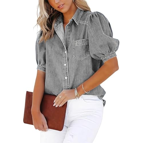 Short Sleeve Denim Shirt for Women Casual Washed Distressed Puff Sleeve Button up Shirts Jean Blouse Business Work Tops Grey