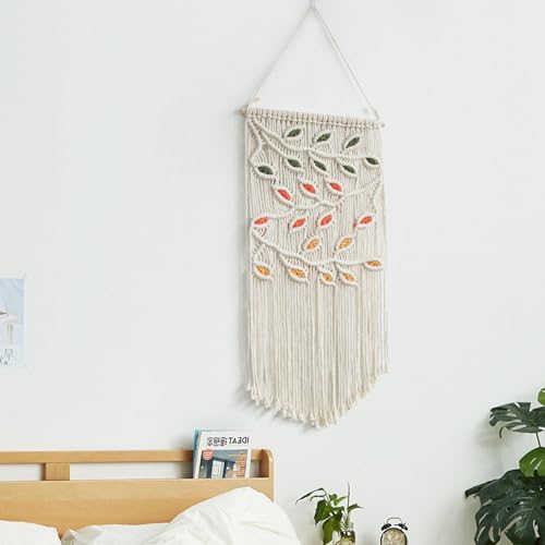 Macrame mural boho chic avec feuilles pour chambre cosy