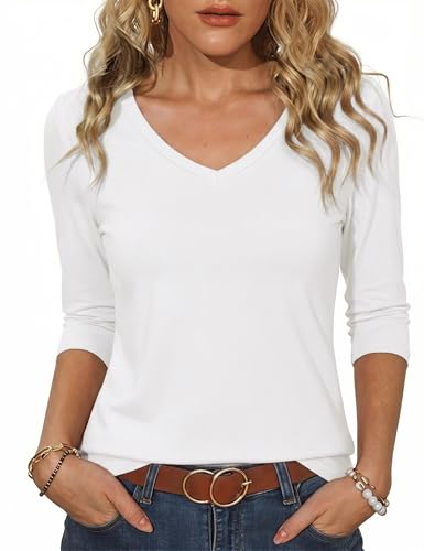 Totatuit T-Shirt Damen 3/4 Arm V-Ausschnitt Elegant Oberteile Sommer Business Tshirt Mode Tunika Casual Basic Top Weiß L