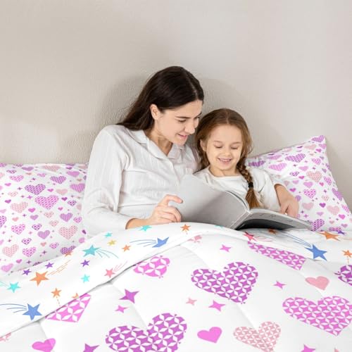 Image of Erosebridal Love and Heart Twin Bedding Set Cute Heart Pattern Comforter Set for Kids Girls Pink Purple Valentine Comforter Love Geometric Duvet Insert