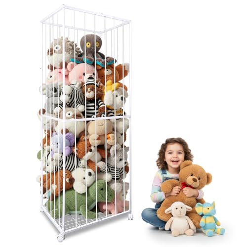 BETBEM Stuffed Animal Storage, Metal Tube Extra Large Toy Storage Organizer with Brake Wheels, Stuffed Animal Holder Zoo Organizer for Nursery Playroom Kids Room White(61” x 23.6”x 16.5”)