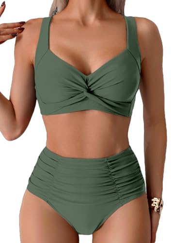 Women's High Waisted Bikini Set Push Up Twist Front Swimsuits Two Piece Tummy Control Swimwear Bathing Suit (UK, Alpha, M, Regular, Regular, Green)