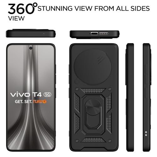 Image of Pikkme Back Cover for Vivo T4 5G / iQoo Z10 5G | 360 Protection Case | Sliding Camera Shield Cover & Ring Holder Stand D10 Tough Armor Bumper Case (Black)
