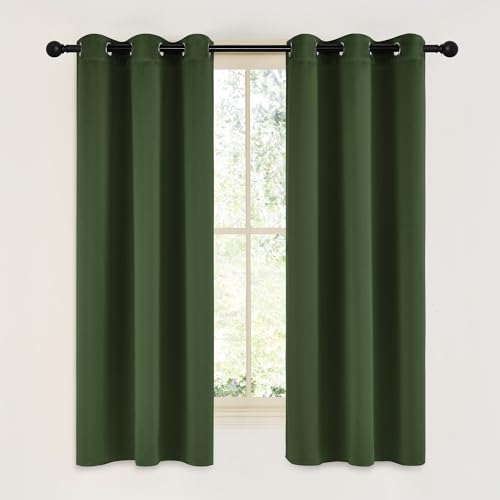 Image of NICETOWN Dark Green Blackout Cafe Satin Curtains for Small Windows, 42 inch Wide by 63 inch Long, 2 Panels, Grommet Noise Reducing Faux Silk Blackout Drapes for Dining Room