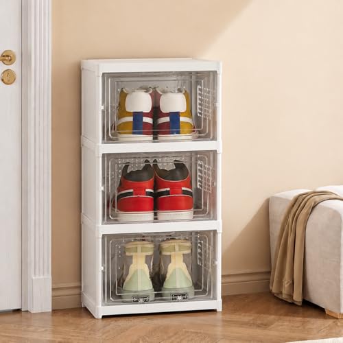 Image of JD FRESH 3 Tier Plastic Shoe Storage Organizer /Foldable Shoe Storage Box with Door /Breathable Multi-Layer Shoe Holder /Space Saving and Installation Free Shoe Storage Rack for Heels, Boots & Sneakers