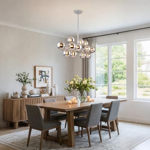 Centger Mid Century Modern Glass Globe Sputnik Chandelier with Grey Bubble, 16-Light Large Linear Chandeliers for Dining Room Kitchen Island Living Room, Chrome Dining Light Fixture Over Table by Centger - Used condition - Image 3