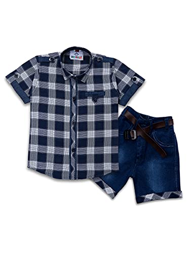 Image of Kids Short Sleeve Cotton Checkered Shirt Shorts Set For Boys