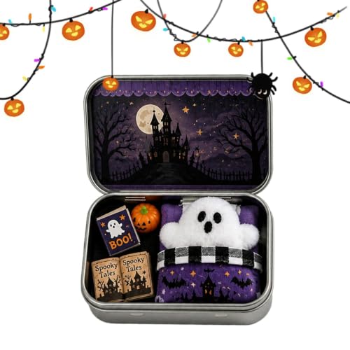 Duch w pudełku – dekoracja na Halloween, miniaturowa scena, blaszana puszka