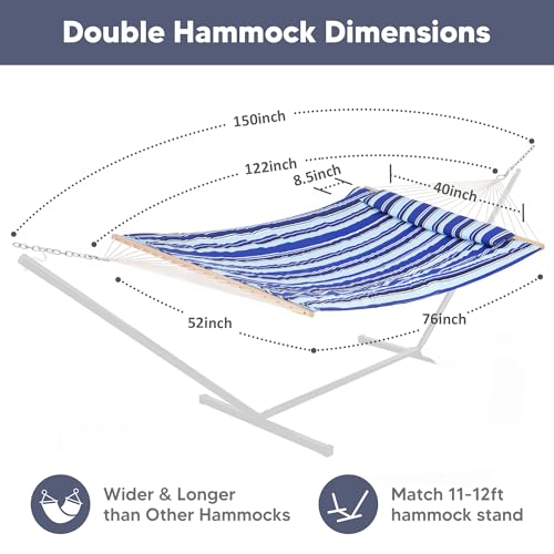 Image of SUNCREAT 2 Person Hammock with Hardwood Spreader Bar, Outdoor Rope Hammock with Polyester Pad, 475 lbs Capacity, Blue Stripes