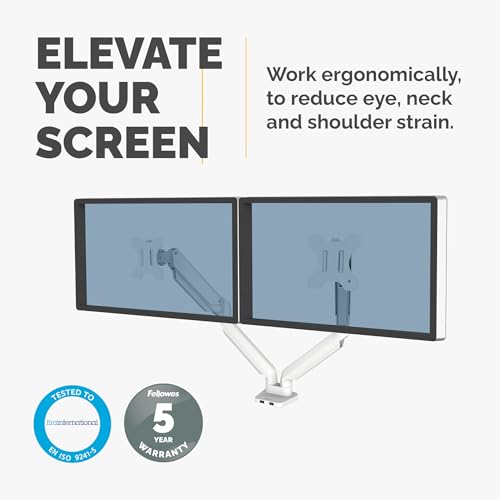 Image of Fellowes Platinum Series Dual Monitor Arm for 40-Inch Monitors, Full Motion, 360 Rotation, VESA Mount with Grommet or Clamp, USB Ports, Ergonomic, White, 8056301
