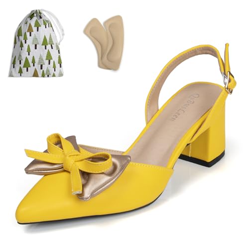 Womens Sling Back Shoes Low Heel 2.3 Inch Chunky Block Pumps Bows Heels for Women Closed Pointed Toe Yellow Dress Comfortable Sandals Shoes Noiseless Sole Available