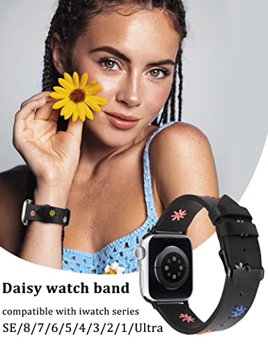 Wearlizer Daisy Leather Band Compatible with Apple Watch Band Women 41mm 40mm 38mm, Original Soft Leather Designer Dressy Strap with Cute Color Floral Stitching for iWatch Series 8/SE/7/6/5/4/3/2/1