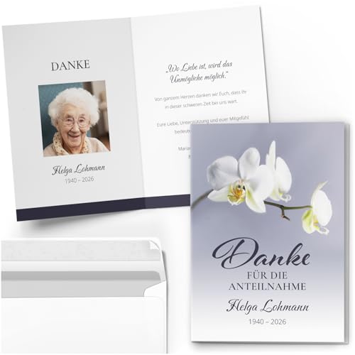 10 personalisierte Trauer Danksagungen Dankeskarten mit eigenem Text und Foto | Individuell anpassbare Trauerkarten mit Briefumschlägen | Karten Blumen weisse Orchidee