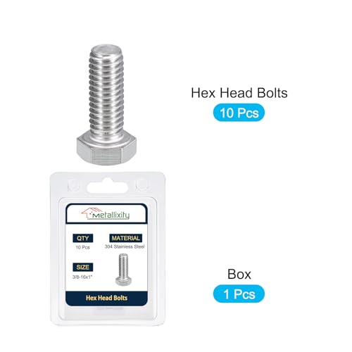Image of METALLIXITY Hex Head Bolts (3 /8-16 x 1) 10Pcs, 304 Stainless Steel 18-8, Fully Threaded, External Hex Drive, Plain Finish, Hex Head Screw Bolt, Silver