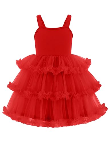 Arshiner Toddler Girls Tulle Dress Red Tutu Dresses for Girl Birthday Party Princess Outfit Tiered Ruffle Fluffy Cami Ball Gown Summer Clothes 5-6 Years