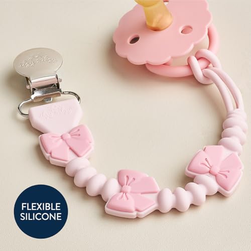 Image of Itzy Ritzy Silicone Pacifier Clip - 100% Food Grade Silicone Pacifier Strap with Clip Keeps Pacifiers, Teethers & Small Toys in Place - Features One-Piece Design & Cord (Pink Bows)