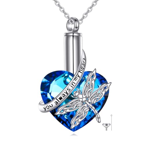 Collier urne libellule VONALA en argent 925 et cristal bleu pour cendres