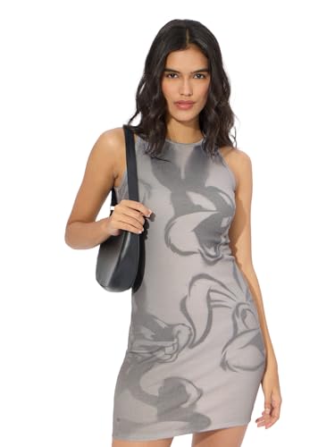 Image of The Souled Store Official Looney Tunes: Bunny Spray Women and Girls Round Neck Sleeveless Grey Polyester Blend Ribbed Bodycon Dresses