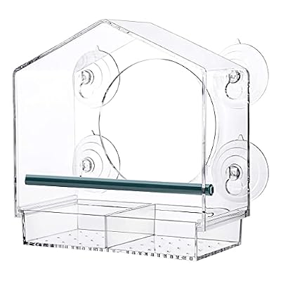 Acrylic Window Bird Feeder Strong Suction Cups with Shield Roof Drain Holes Outdoor Clear Bird House