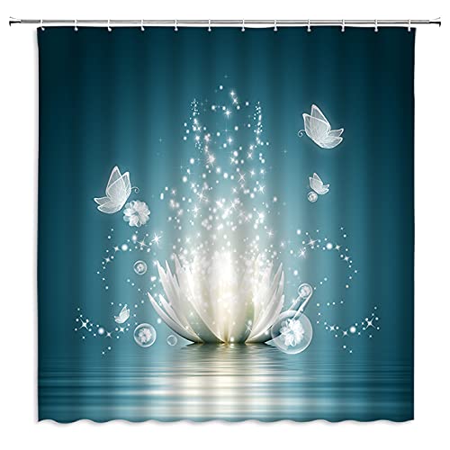 Teal Lotus Shower Curtain Spa Turquoise Pool Magic Oriental Asian Floral Glowing Waterlily Meditation Elegant Spiritual Yoga Life Transparent Butterfly Fabric Bathroom Decoration Set