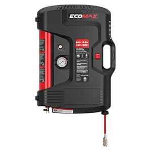ECOMAX Wall Mount Air Compressor, Tire Inflator Portable Air Compressor, Oil-Free with Retractable 30ft Air Hose, Mini Tank 125 PSI MAX Pressure & 1.5 HP for Garage and Home