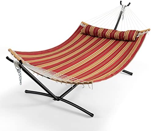 CASART Double Size Hammock, Quilted Hammock with Detachable Pillow, Curved Spreader Bar & Steel Chains, Camping Swing Hammock for Patio Garden Poolside (Bamboo Spread Bars, Red + Yellow)