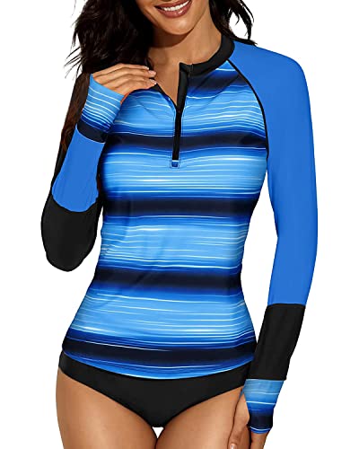 Daci Women Blue Stripe 2 Piece Rash Guard Long Sleeve Zipper Swimsuit With Short Surfing Swim Shirt Upf 50+ S #TOP16