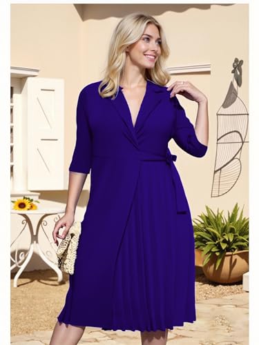Image of Hostoyo Plus Size Wrap Dress Elegant Pleated Formal Midi Dresses Suit Collar 3 /4 Sleeve Belted Casual Church Outdoor Office
