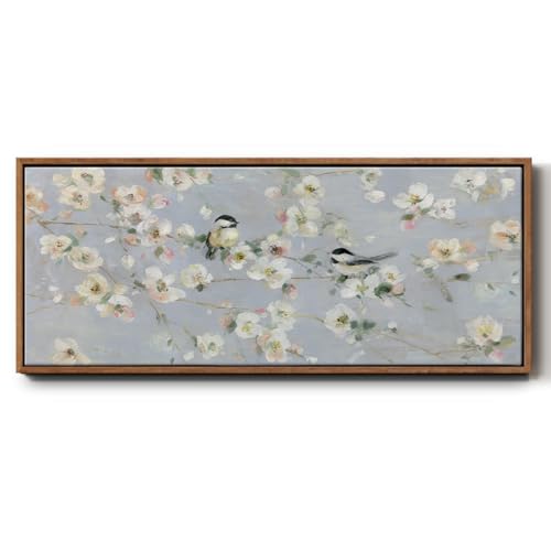 Renditions Gallery Nature Harmony Wall Art Birds Singing Sweet Song of Summer Floater Frame Decor Canvas Paintings for Living Room Office Kitchen - 8"X20" WALNUT Frame GAL042