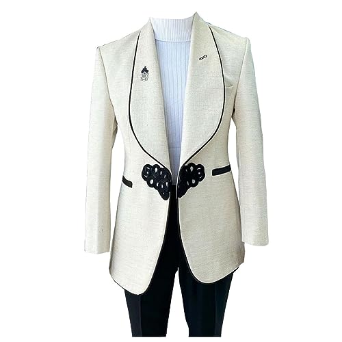 Mens Off-White Linen Blazer Black Pants Groom Prom Fashion Party Tuxedo Wedding 2 Pieces Suits
