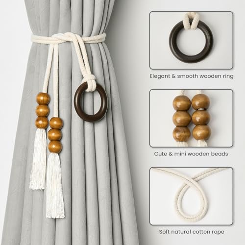 Pretty Jolly 4 Pack Natural Cotton Rope Curtain Tiebacks Boho Style Decorative Drape Tie Backs Elegant Hand Woven Rope Curtain Holdbacks with Wooden Ring for Home & Office Window Drapery (T-Coffee) - Image 3