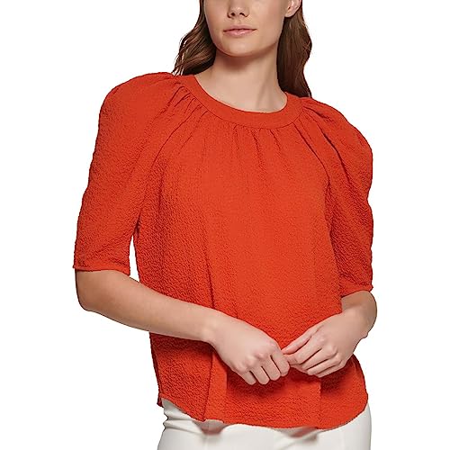 Calvin Klein Womens Puff Sleeve Textured Blouse Orange XS