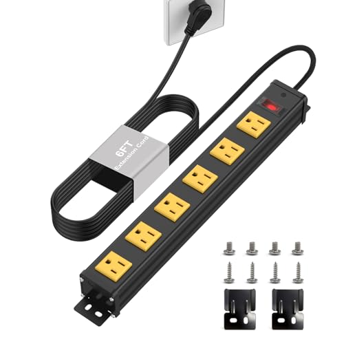 Image of 6 Outlet Wall Mount Metal Power Strip, 1.97 Inch Wide Spacing Flat Plug, 6FT 14AWG Extension Cord with Switch, 15A 1875W ETL Listed for Garage, Workshop, Home