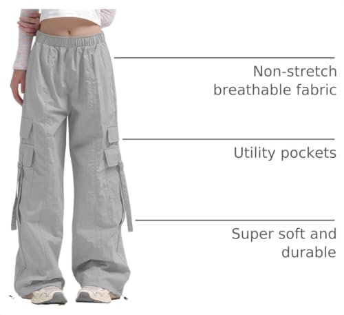 Image of Haloumoning Girls Parachute Pants Kids Wide Leg Cargo Pants Y2K Street Trousers with Pockets 5-14 Years