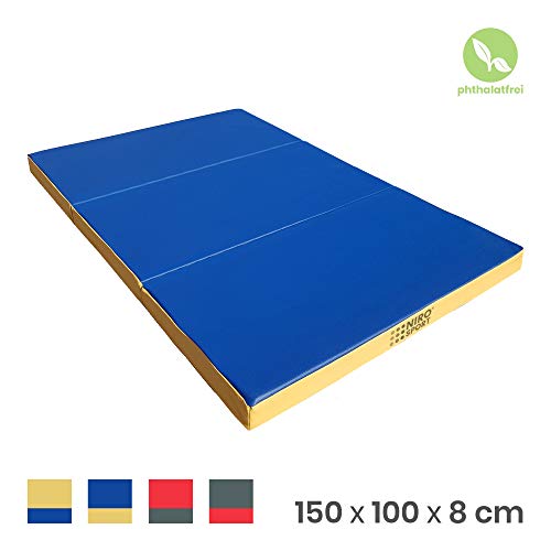 NiroSport Gymnastics Mat 150 x 100 x 8 cm cm Folding Thick Gym Mat Fitness Sports Tumbling Exercise Crash Landing Panel waterproof washable non slip foldable - Blue/Yellow
