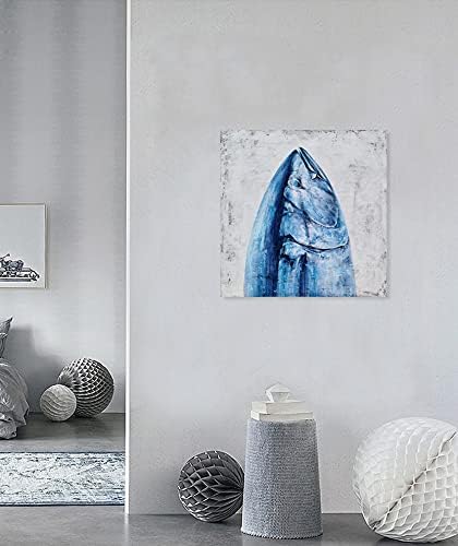 Blue and White Canvas Wall Art with Textured - Modern Fish Paintings - Contemporary Square Coastal Pictures for Living Room Bedroom Bathroom Decor Blue White Fish 20x20IN
